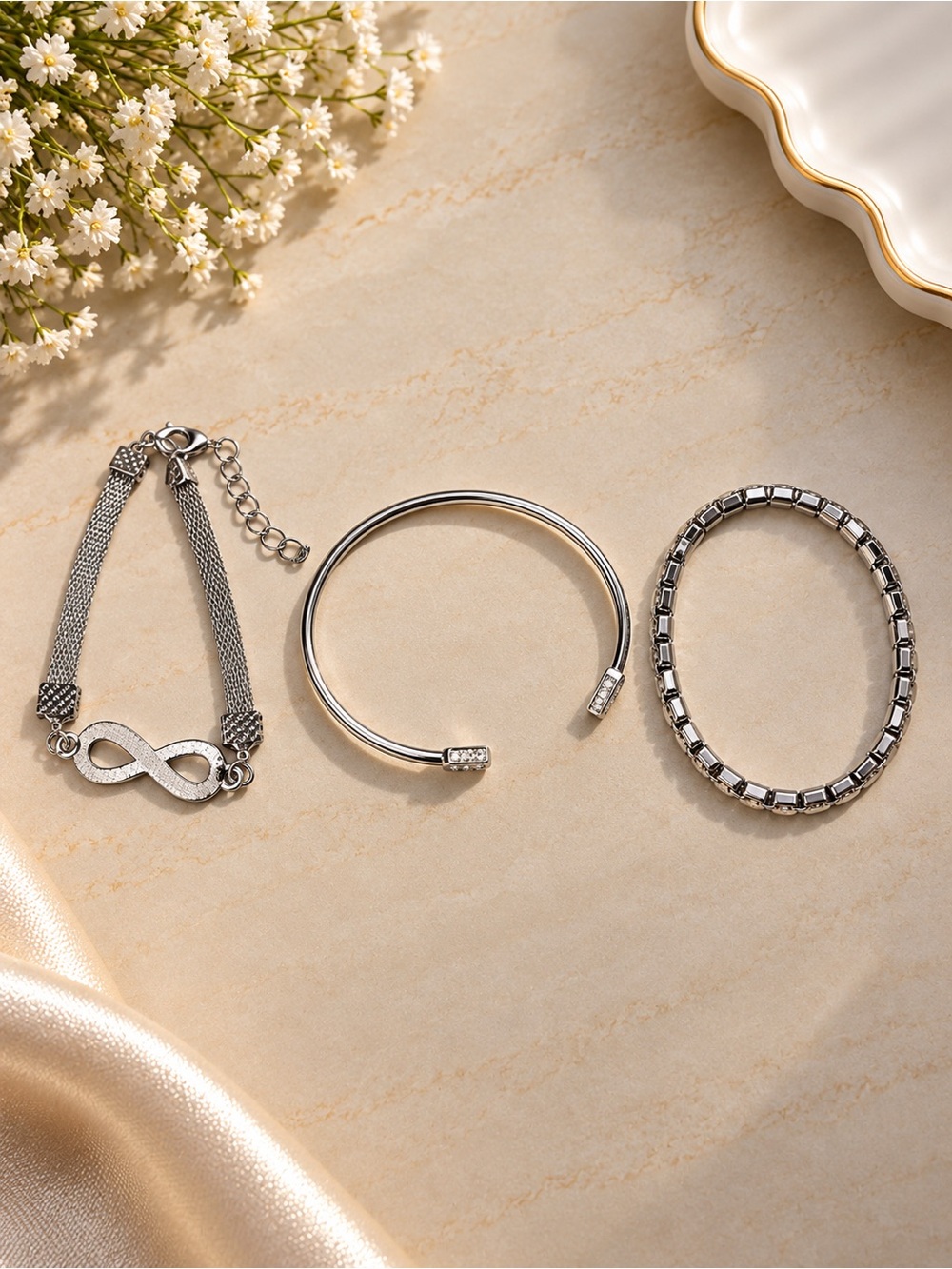 Silver Infinity & Cuff Bracelet Set - Women's Jewelry